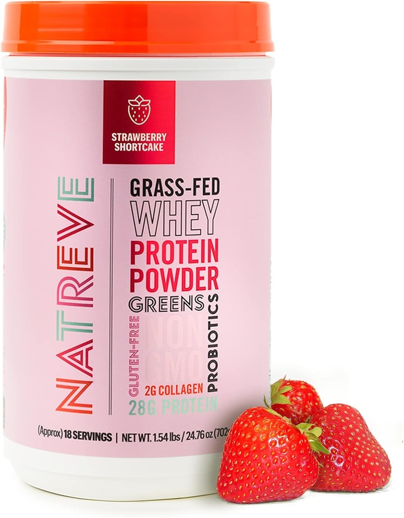 Natreve Whey Protein Powder - 28g Grass-Fed Whey Protein with Amino Acids, Probiotics & Collagen - Gluten Free Strawberry Shortcake, 18 Servings