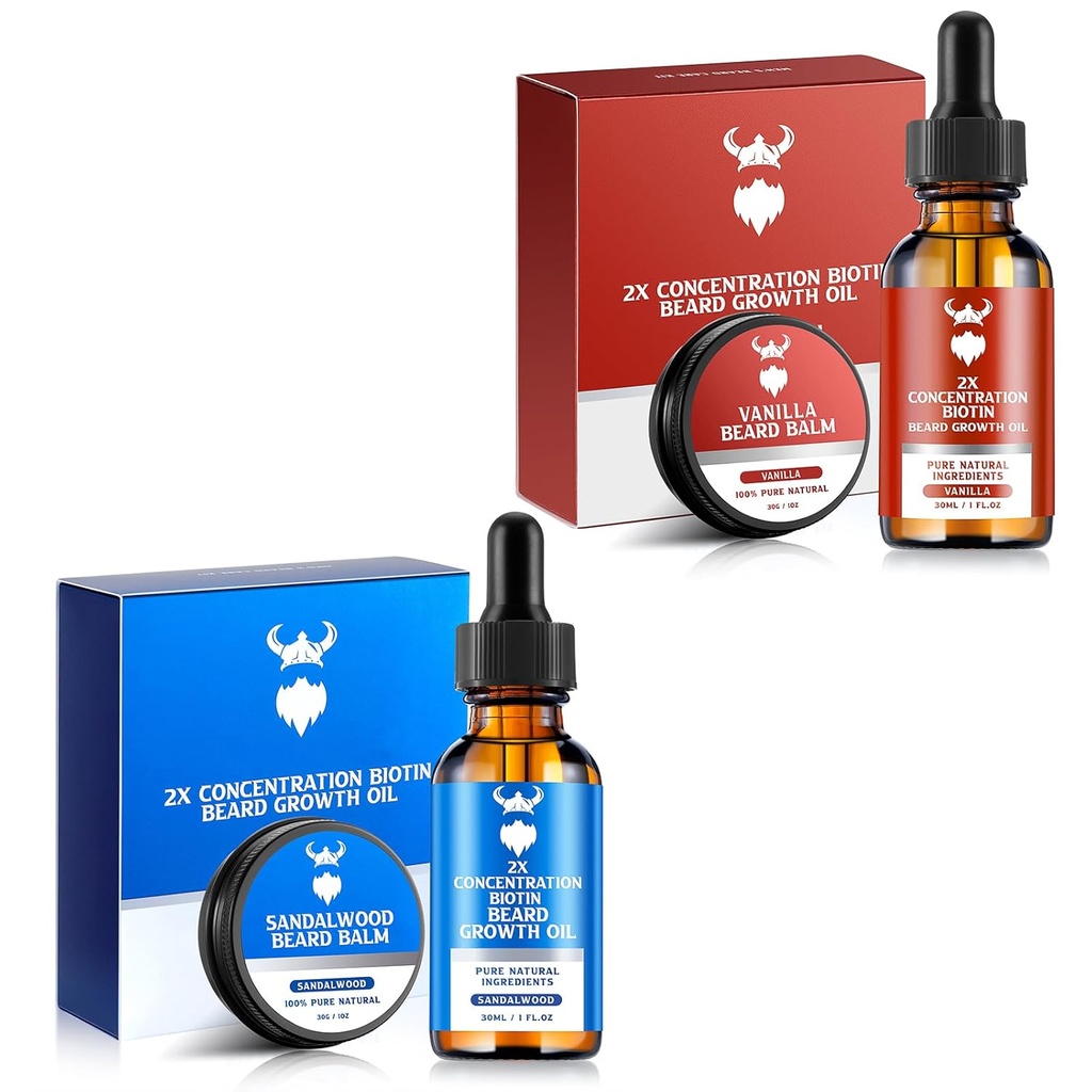 Sandalwood Bart Wachstumsöl mit 2X Konzentration Biotin für Männer und Vanille Bart Wachstumsöl mit 2X Konzentration Biotin für Männer,Natürliche Zutaten & Diecken Gesichtshaarwachstum