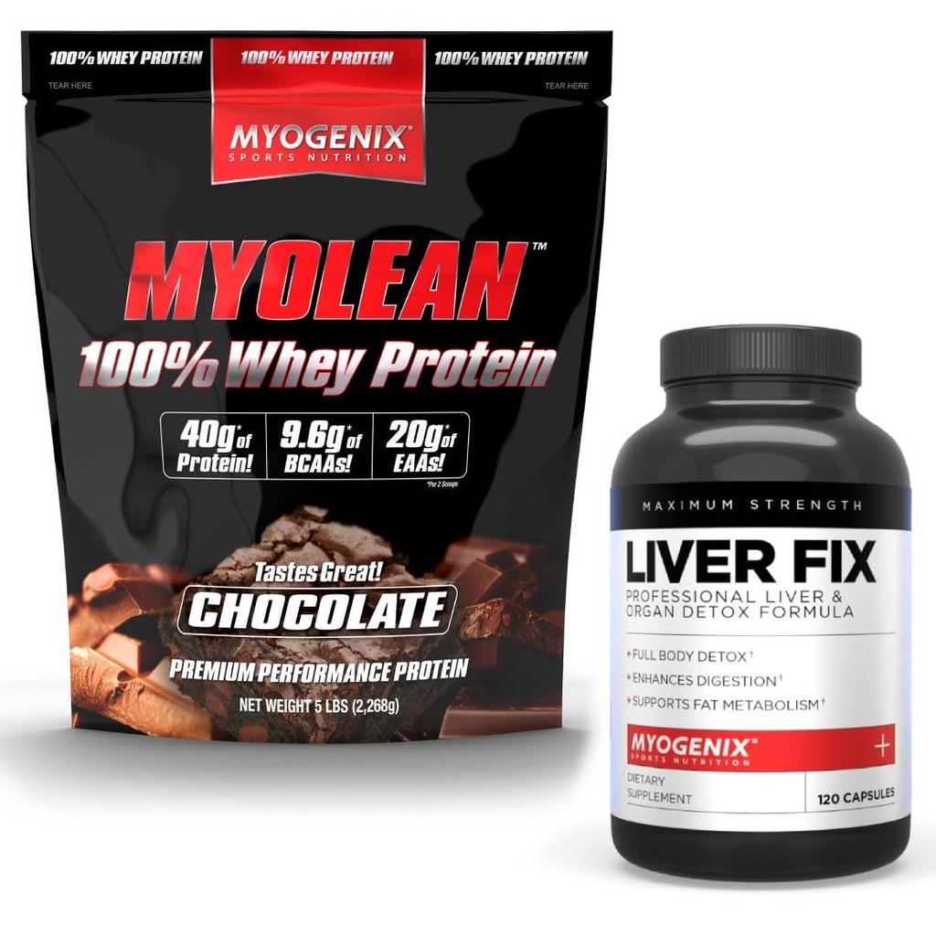 Myogenix Liver Support Supplement & Myolean Chocolate Whey Protein - 40g High-Protein Whey가있는 고급 라이브 건강 및 근육 회복 - Detox, 성장 및 성능 지원