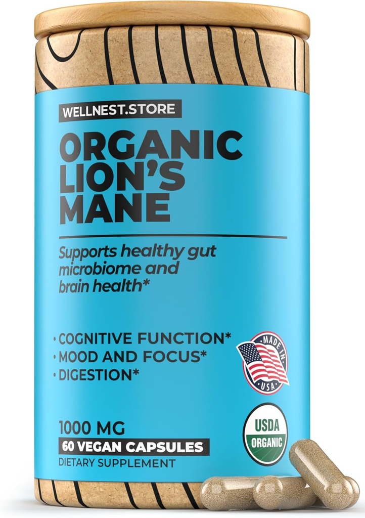 Lions Mane Mushroom Organic Supplement (Hericium Extract) 60 Veggie Caps - Immune Support Supplement; Förbättra kognitiv funktion + Främja Vitalitet, Skydda nervceller