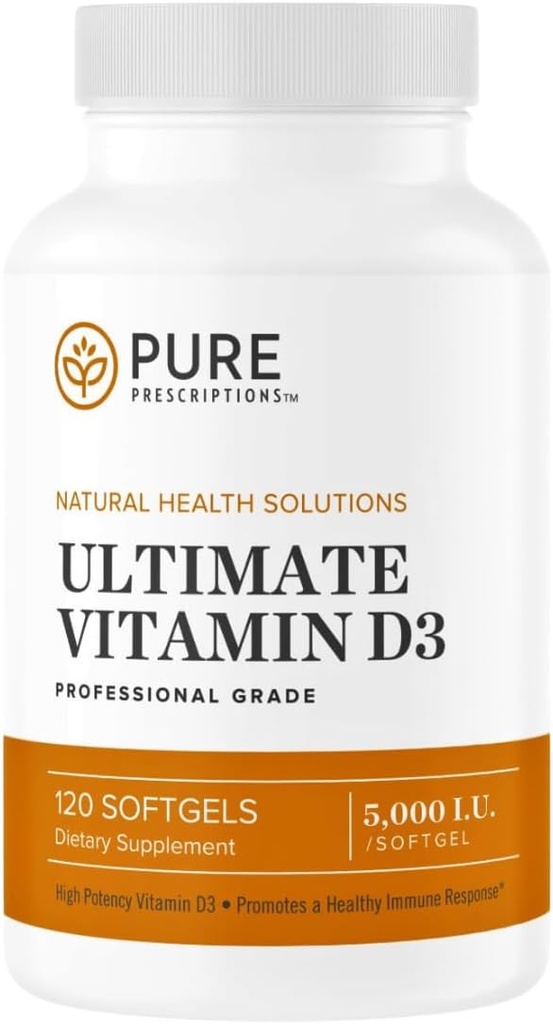 Pure Prescriptions Ultimate Vitamin D3-5,000 IU - High Absorption Vitamin D Supplement to Promote Healthy Bones with Immune System & Cardiovascular Support - 120 Softgels - USA Made
