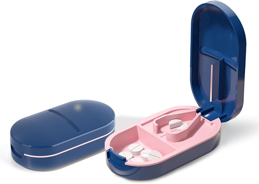ピルカッターのディバイダー、小さい丸薬のための密集した丸薬のカッター、タブレット及びビタミン、旅行および毎日の使用のための携帯用丸薬のディバイダーのための精密丸薬のディバイダー(青)