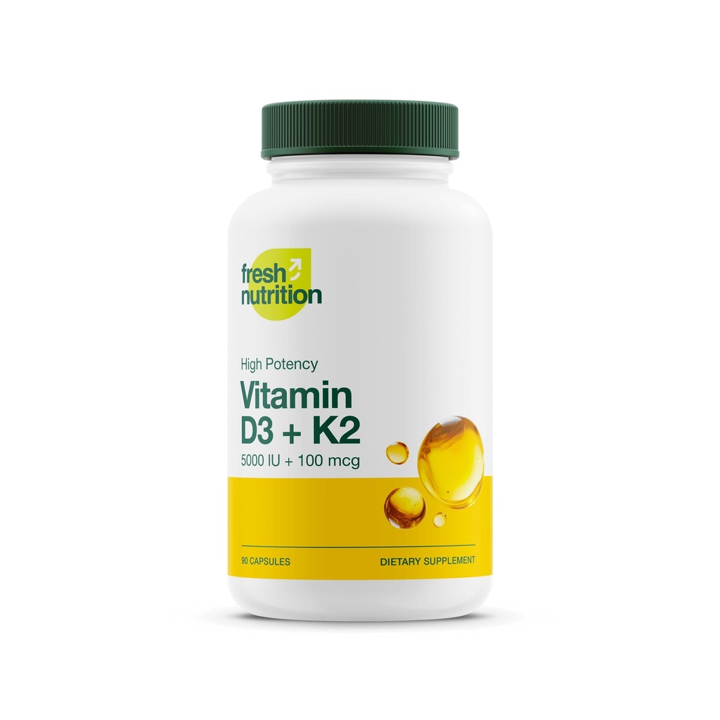 Fresh Nutrition Vegan Vitamin D3 + K2 Capsules - 5000 IU D3 + 100mcg K2 as MK-7 for Optimal Absorption - Immune Health, Bone Health, Mood - Non GMO - 90 Capsules, 3 Month Supply