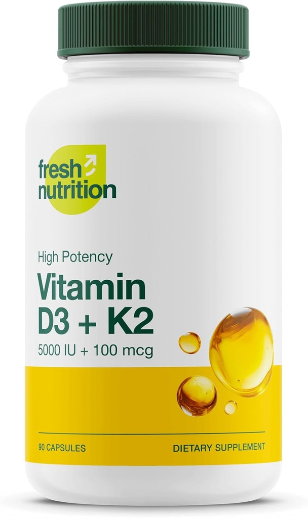 Nutrición fresca Vitamina Vegana D3 + Cápsulas K2 - 5000 UI D3 + 100mcg K2 como MK-7 para la absorción óptima - Salud inmune, salud ósea, mood - no GMO - 90 cápsulas, 3 meses de suministro