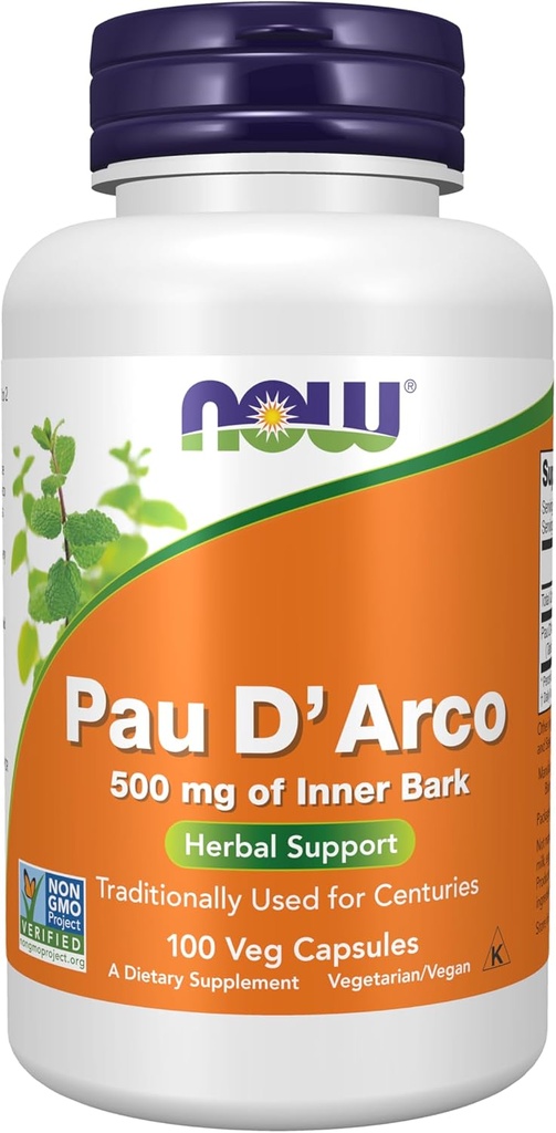 NOW Хранителни добавки, Pau D'Arco (Tabebuia хептафила) 500 mg, Билкова поддръжка, 100 Veg капсули