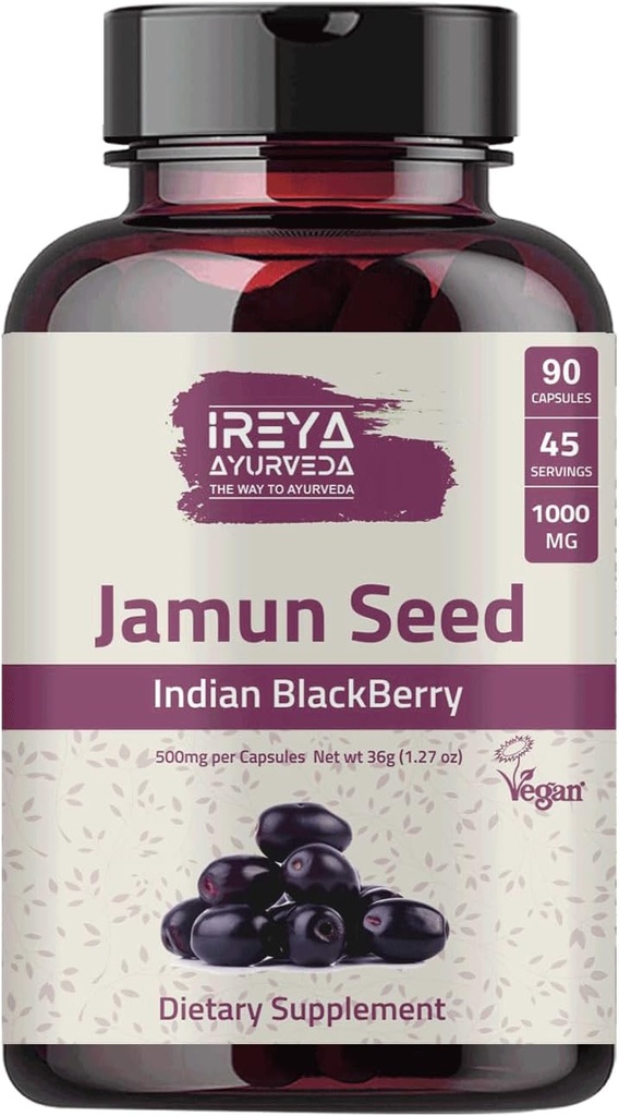 Jamun Seed 1000mg (90 캡슐) - 인도 BlackBerry (Eugenia Jambolana) Ayurvedic Herb, 45 일 공급