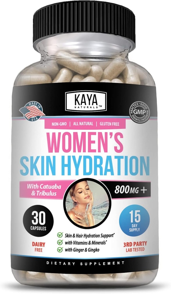 Kaya Naturals Sydration Sydrales - Pills - Skin Llogger Capules - Hiydration Booster per a Dones - Promoteots va incrementar l'Energia, Moued & Stamina - Reducció en la in Drynes - 30 Capuoses