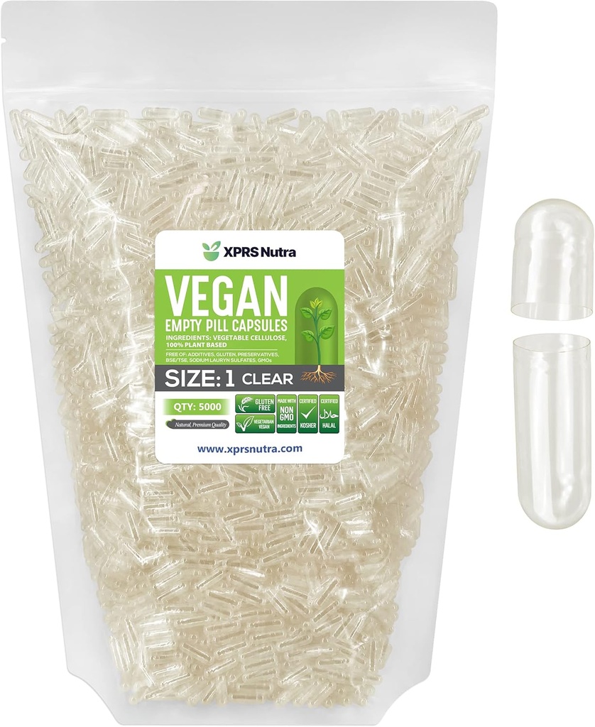 XPRS Nutra suurus 1 Tühjad kapslid - 5000 loend Selge Tühi Vegan Kapslid - Taimsed pillid - DIY Köögiviljakapslid Täitmine - Veggie Pill Kapslid Do-It-Yourself täiendused