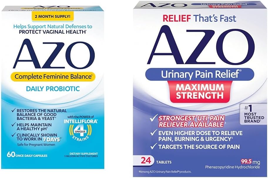 AZO Complete Feminine Balance Daily Probiotics for Women, Clinically Proven to Assistance Vaginal Health " Urinary Painary Relief Maximum Strength , Fast Relief of UTI Pain, Burning " Urgency
