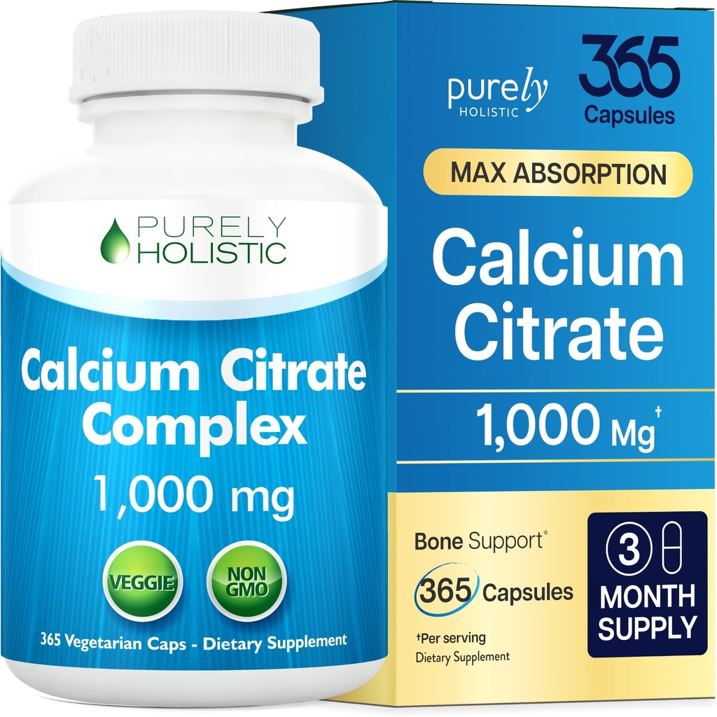Calcium Citrate 1000mg | Healthy Bone & Teeth Support | High Absorption Cal Citrate | Gentle on Digestion | Vegan & Non-GMO | 3 Month Supply | Calcium Supplements for Women & Men | 365 Capsules