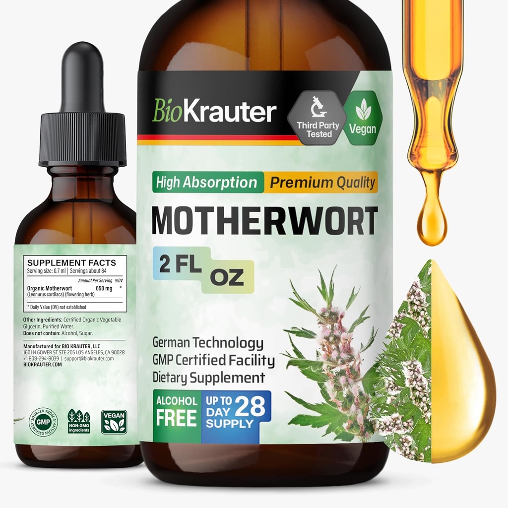 BIO KRAUTER Motherwort Tincture - Extracto de herbas maternas - Suplemento líquido para a saúde das mulleres - Promover calm - alcohol e azucre libre - Vegan Drops 2 Fl.Oz.