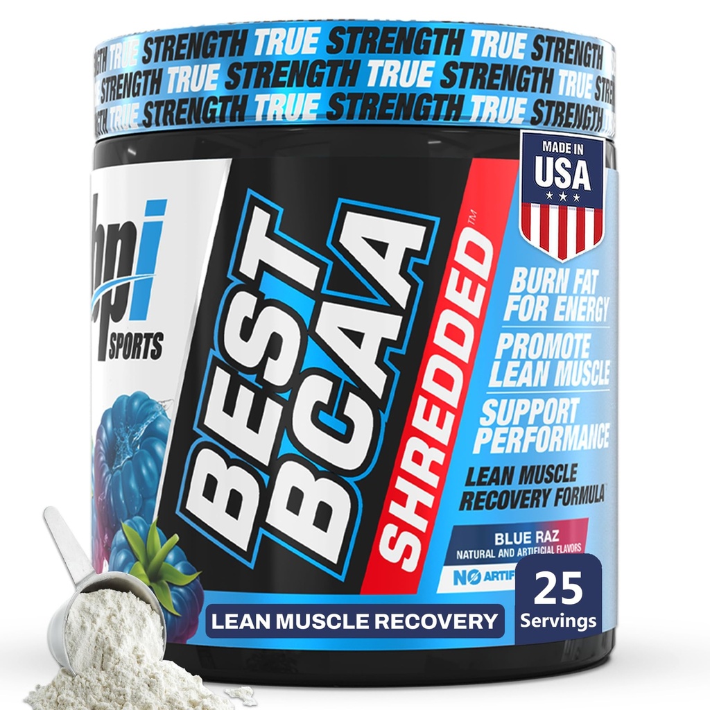 BPI Sports Best BCAA Shredded - Caffeine Free Thermogenic Recovery Drink, Lean Muscle Building BCAA Powder for Women and Men, Preworkout BCAAs Amino Acids Drink- Blue Raz - 25 Servings