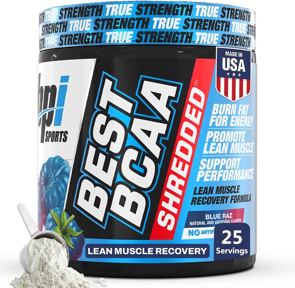 BPI Sports Best BCAA Shreded - Caffeine Free Thermogenic Recovery Dine, Lean Muscle Building BCAA Powder for Women, Pretraining BCAas Acids Drink - Blue Raz - 25 Servis