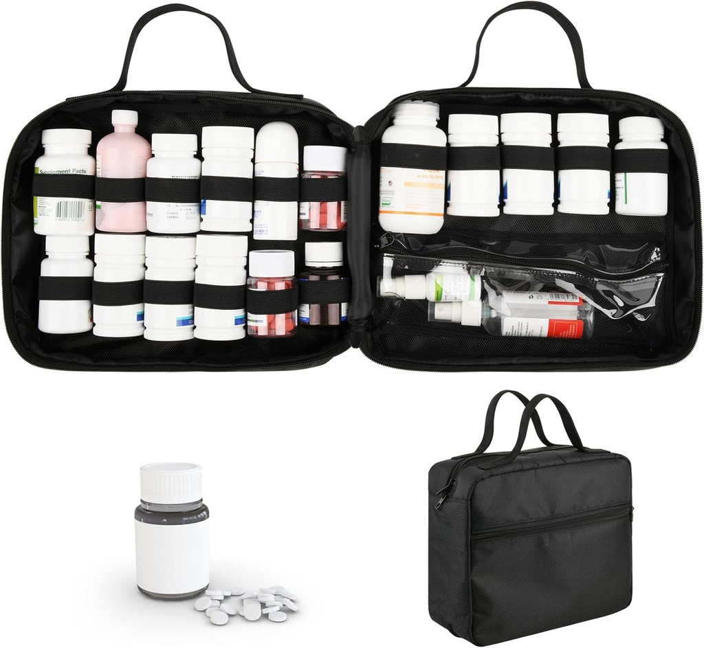 Beautyflier Medication Travel Bag, Medicine Bag for Traveling, Pill Bottle Organizator in shranjevanje, Vitamin Bottle Nositi primer Nosilec za steklenice zdravil ali dodatkov, za dom in potovanje