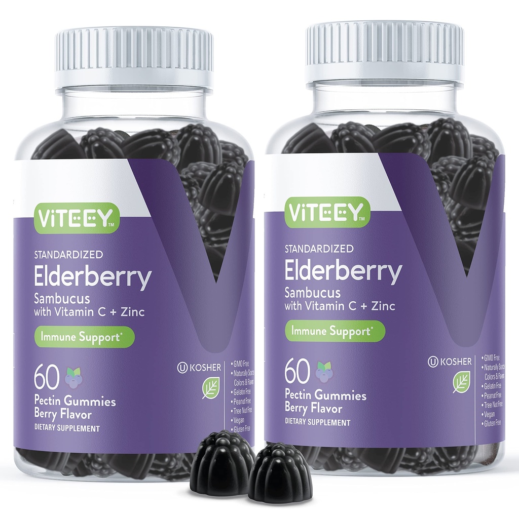 Viteey Sambucus Elderberry Gummies for Adults – Elderberry Vitamin C and Zinc Immunity Gummies - Vegan, Gluten-Free – 120 Count
