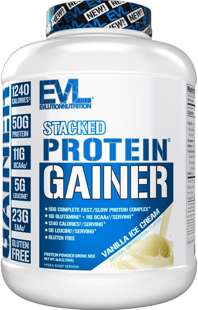 Evlution Nutrition Stacked Protein Gainer, 50 Grams Whey Protein Powder Complex, 251 Grams Въглехидрати, Build Muscle, Възстановяване, Post тренировка, Gluten-Free (Vanilla Ice Cream, 6 LB)