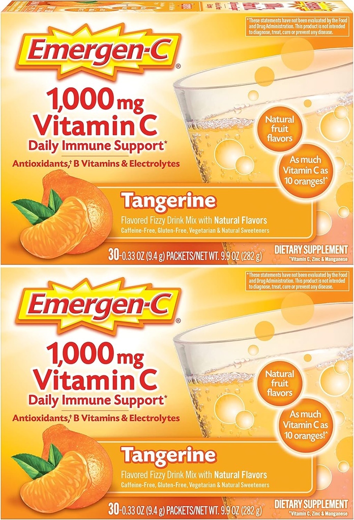Emergen- C 1000mg Vitamin C Powder, dengan Antioksidan, B Vitamin dan Electrolites, suplemen Vitamin C untuk Imune Dukungan, Caffeine Free Drink Mix, Tangerine Flavor - 60 Count / 2 Bulan Suppply