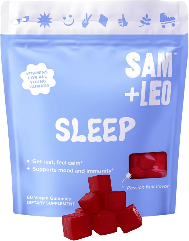 SAM+LEO Dormir - Passionflower, Vitamina B6 & Melatonina Gummies para Crianças e Adolescentes - Todos Natural & Vegan Relaxação & Dormir Gummies para Crianças - Passion Fruit Sabor - 60/ct