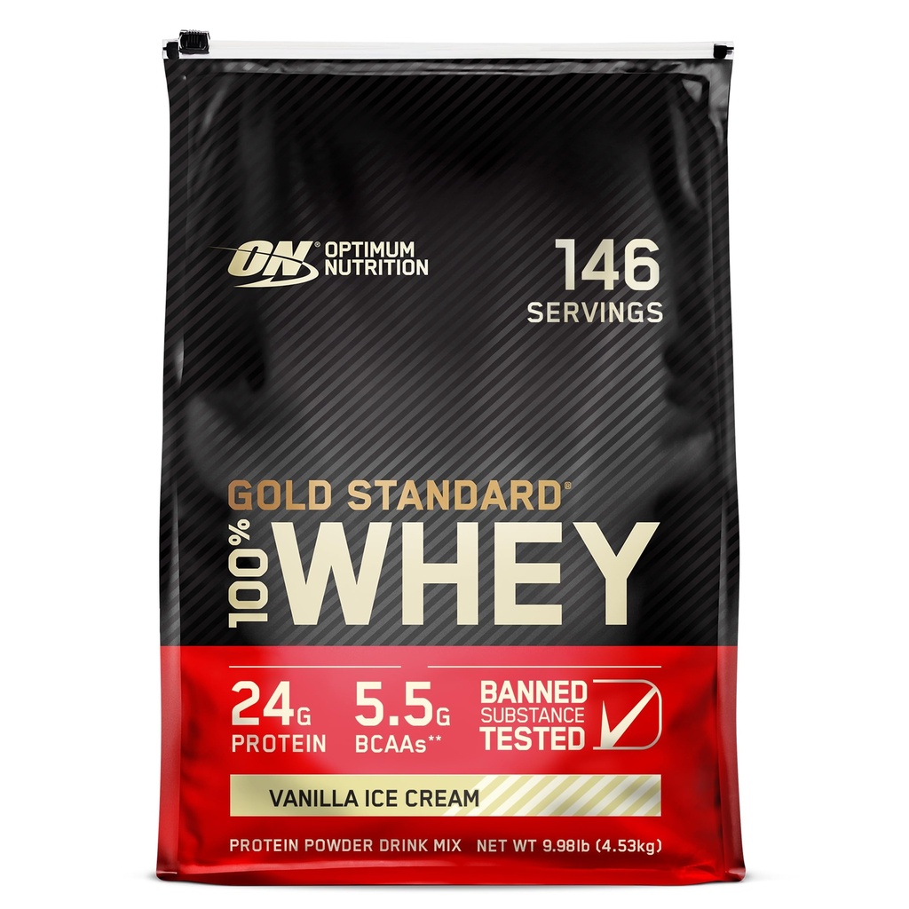 Optimum Nutrition, Gold Standard 100% Whey Protein Powder, Vanilla Ice Cream, 9.98 lb, 146 Servings
