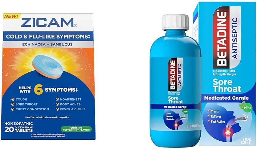 Zicam Betadine Sore Throat Gargle, Echinacea & Sambucus Homeopathic 정제, 20 조사 & 8 FL OZ를 가진 찬 증상 완화
