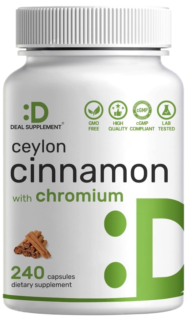 Ceylon Cinnamon with Chromium 1000mcg, 240 Capsules | Active Inner Bark Extract, True Sri Lanka Source | Natural Cinnamon Supplements