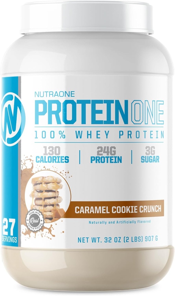 NutraOne ProteinOne Whey Proteína Promover a recuperación e construír músculos cun po de proteína para homes e mulleres (Caramel Cookie Crunch, 2 LB)