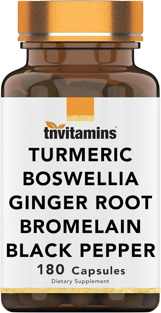 Turmeric & Boswellia Complex (180 Capsules) ar ingvera Sakni, Bromelain, & Black Pepper Extract - -Joint-Ease Formula: Powerful Location Support Papildinājums * - Ražots ASV