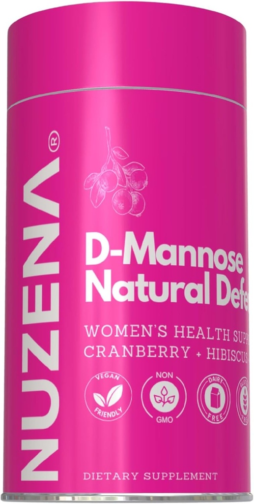 Nuzena D-Mannose + 1000mg with Cranberry 150mg, Pack of 60 Natural Defense Urinary Tract Support Capsules with Hibiscus Flower 100mg and Dandelion Root 100mg