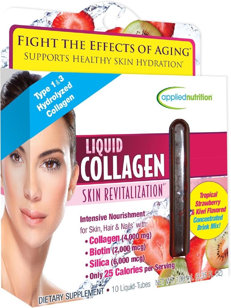Applied Nutrition Liquid Collagen Skin Revitalization - 10 Liquid Tubes - Collagen, Biotin & Silica - Tropical Strawberry & Kiwi Flavor - 10 Servings