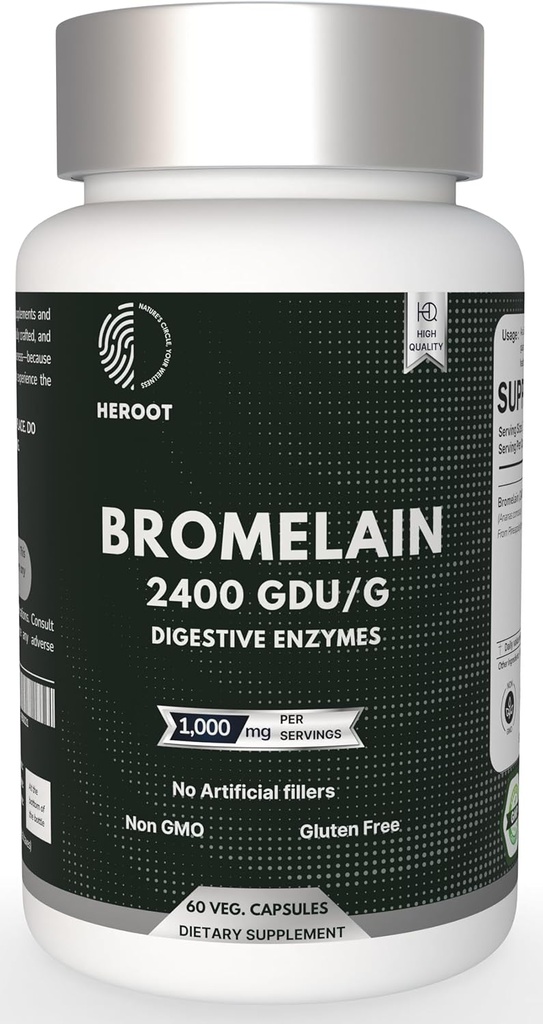 Bromelain 500 mg | 60 Plantebaserte kapsler | 2400 GDU Potens | støtter felles helse og dialyse | Ingen preservativer eller kunstige tilsetningsmidler