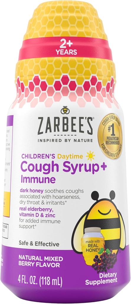 Zarbee's Children's Daytime Honey Cough Syrup + Immune for Kids 2+, Cough Syrup with Soothing Dark Honey, Real Elderberry, Vitamin D & Zinc, Drug & Alcohol-Free, Mixed Berry, 4 fl. oz