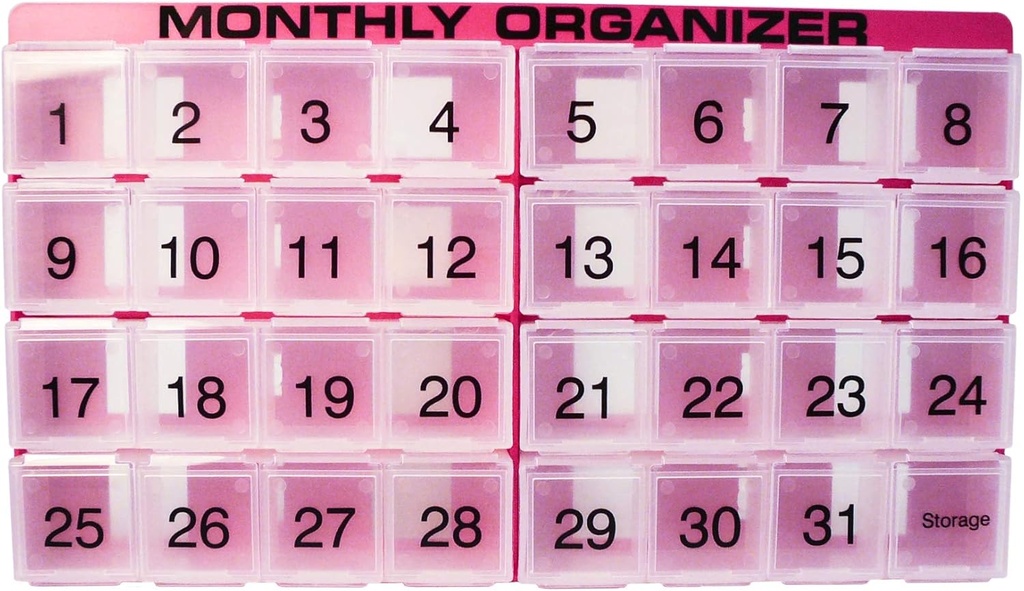31 Day Pill Organizators 1 dienā, 4 nedēļā, 31 iecirknis + Glabāšana Mēnešreizes Pill organizators - Ietver Teknes un 8 noņemamos nodalījumus