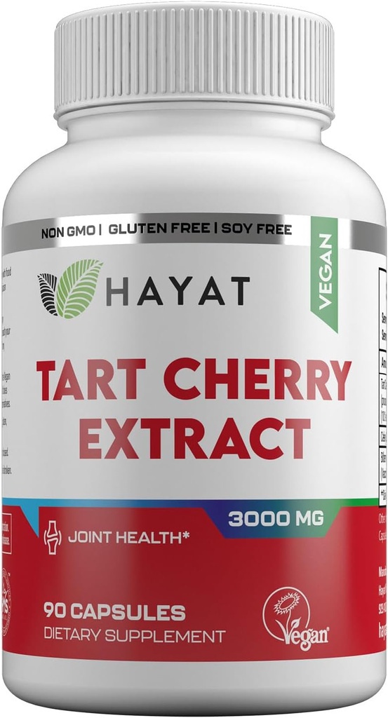 HAYAT Vitaminas Vegan Natural Tart Cherry Extract 3000 MG, 3 Mes de subministración, Potent 10:1 Extracto, All Natural, Certified Halal, 90 cápsulas,