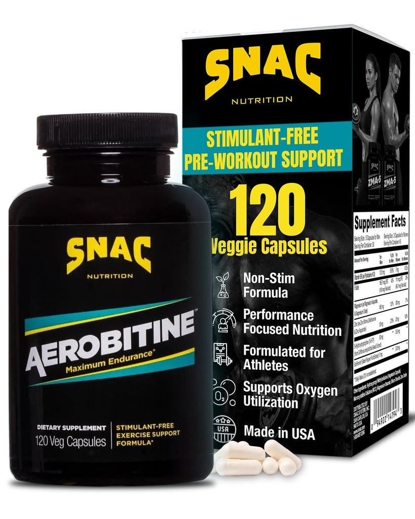 SNAC Aerobitine - Stimulant Free Pre-Workout Supplement for Maximum Endurance. Nitric Oxide Booster, Improves Blood Flow, Reduces Fatigue & Thermogenic Benefits. 120 Veggie Capsules