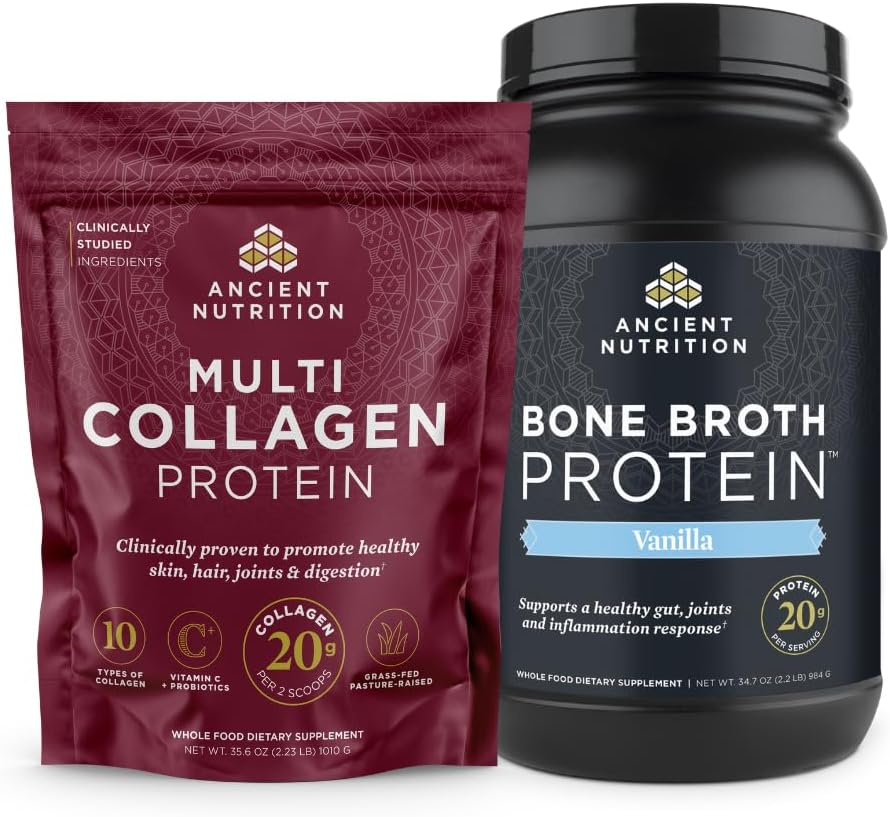 Ancient Nutrition Multi Collagen Protein Powder, Unflavored, 100 Servings + Bone Broth Protein Powder, Vanilla, 40 Servings