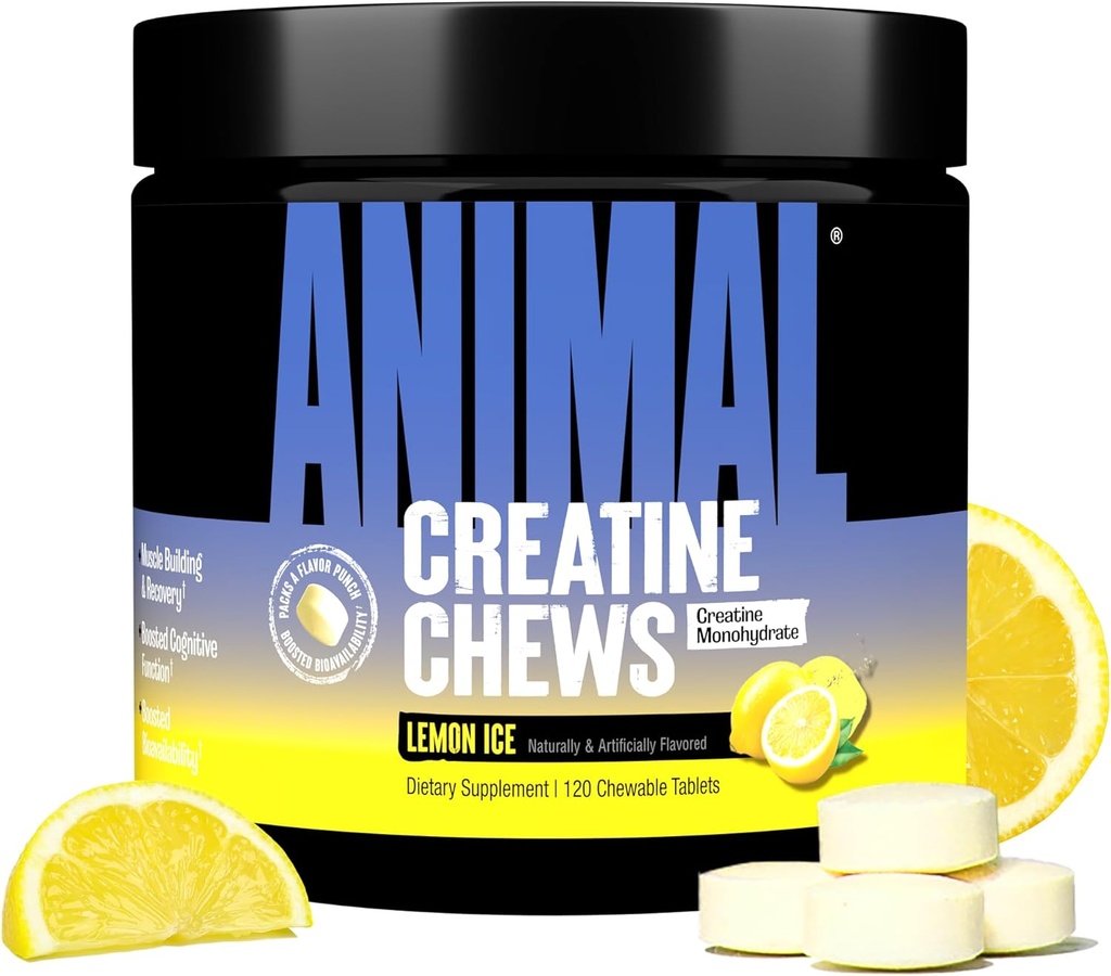 Animal Creatine Chews Tablets - Verbesserte Kreatin-Monohydrat mit AstraGin zur Verbesserung der Absorption, Meersalz für hinzugefügte Pumpen, leckere und bequeme Chewable Tabletten - Zitroneneis