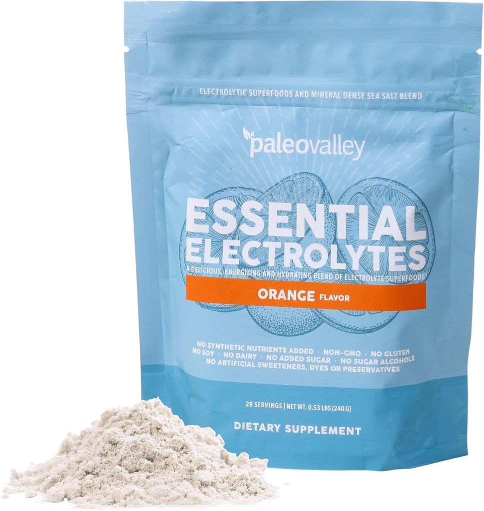 Paleovalley Essential Electrolytes Powder - Full Spectrum Orange Electrolyte Powder for Hydration, Energy and Muscle Recovery - No Sugar Added - 28 Servers
