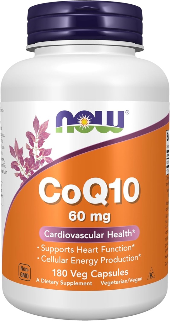 NOW Integratori alimentari, CoQ10 60 mg, Grado farmaceutico, Forma All-Trans di CoQ10 Prodotto da Fermentazione, 180 capsule di Veg