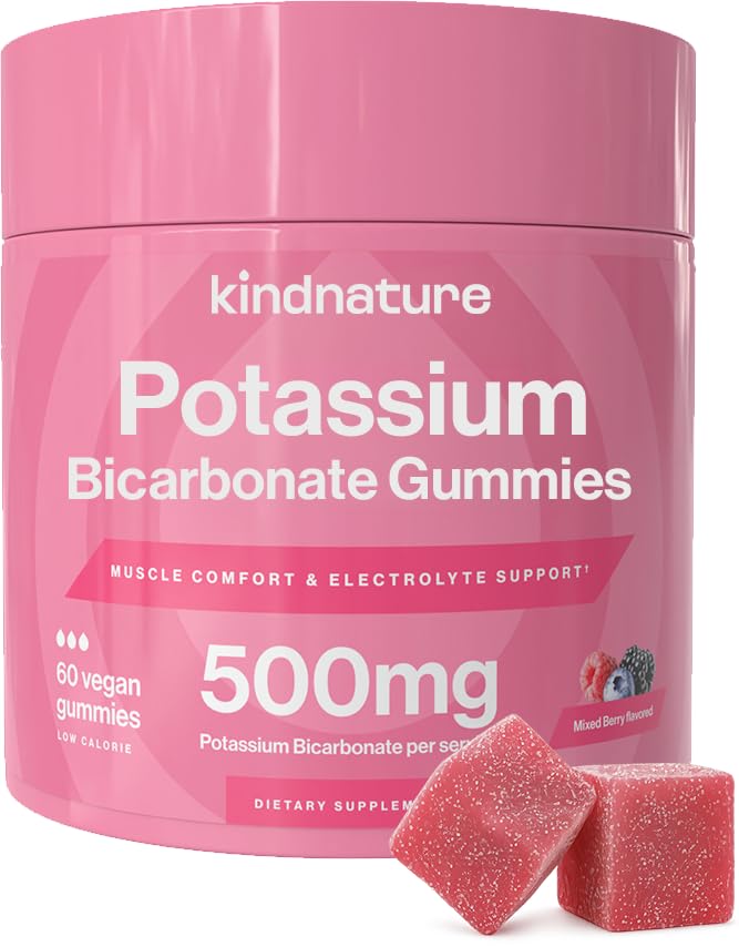 kindnature High Potassium Gummies 500mg for Leg Cramps & Electrolyte Support - Chewable Pure Potassium Bicarbonate Supplement - Adults & Kids - Vegan, Non GMO - 60 Gummies (30 Day Supply)
