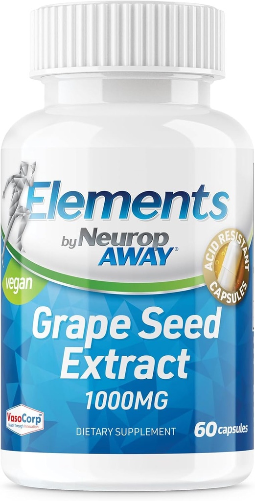 NeuropAWAY Elements Grape Seed Extract 1000mg por serviço (60 500mg cápsulas resistentes a ácido por garrafa) Terceiro partido testado feito em uma instalação cGMP