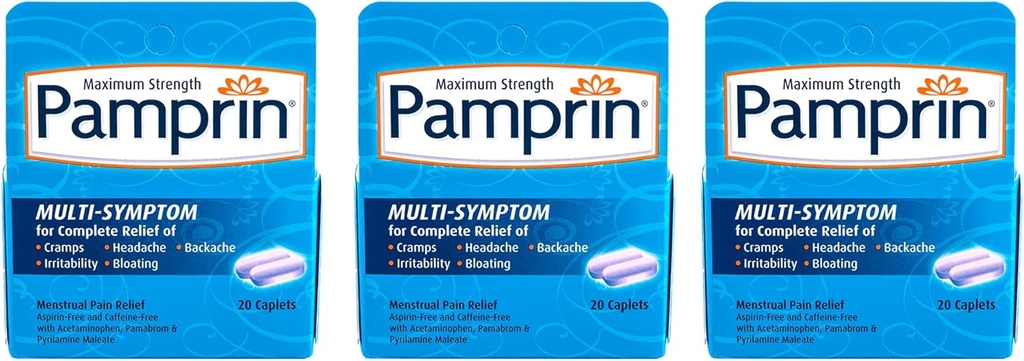 Pamprin Multi-Symptom Formula, Acetaminophen, Menstrual Period simptomlar Yardım, 20 Caplets (Paket 3)