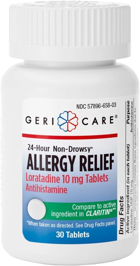 GeriCare Loratadine 10mg Non-Drowsy 24-Hour Alergy Relief, Antihistamine Alergy/Sinus Support tablets Runny Nose, Sneezing, Nieze, 30 Count, 1 iepakojums.