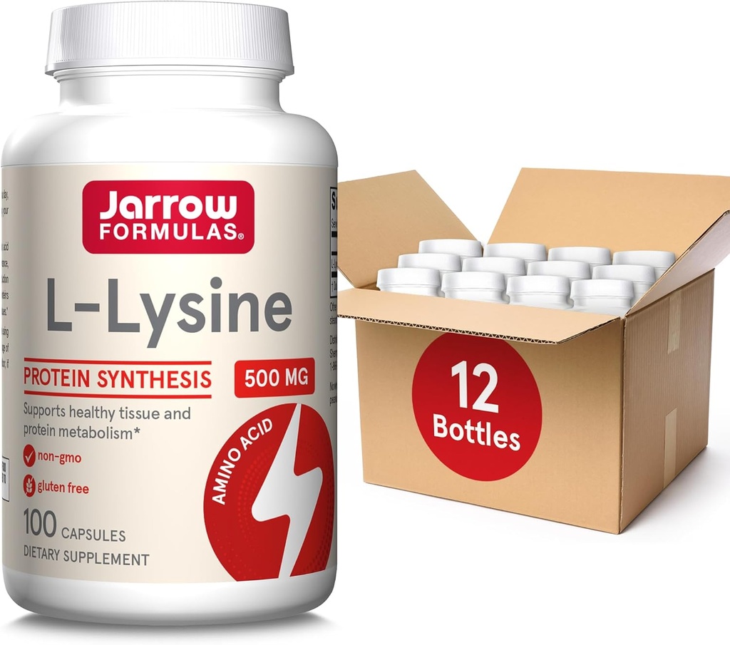 Jarrow maints L-Lysine 500 mg - 100 Capsules - Amino carid for Protein Metabolism - Diecumary Supplement - ถึง 100 servers (Pack of 12).