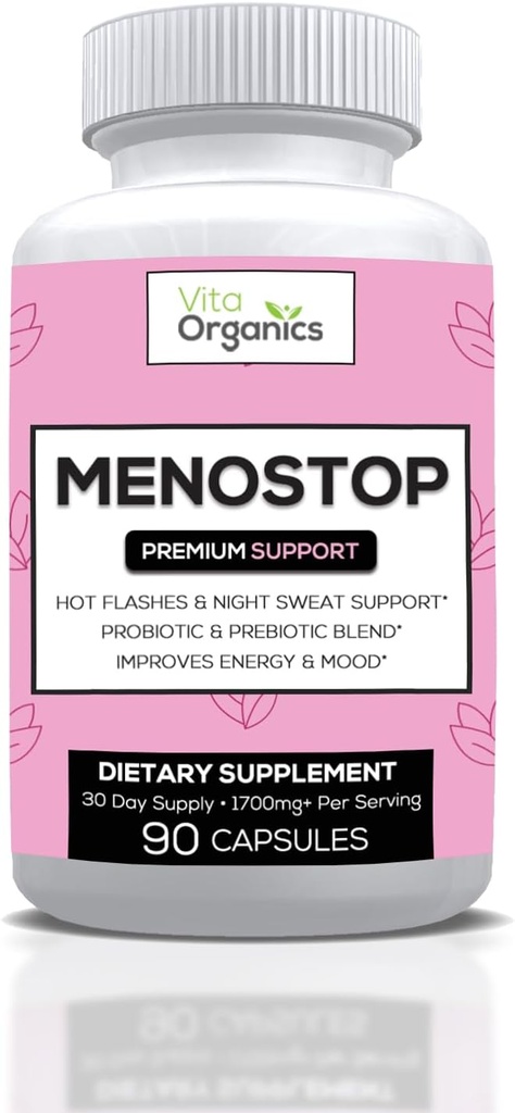 MenoStop - Hot Flashes dan Menopause Dukungan - Black Cohosh, Ashwagandha, Dong Quai, Prebiotic and Probiotic Blend - 30- Day Suppply