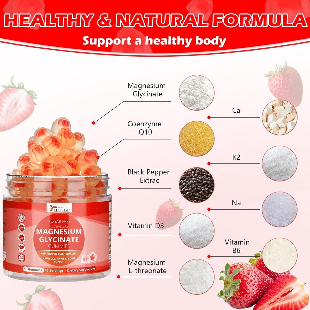Magnesium Glycinate Gummies 600 מ"ג למבוגרים, סוכר חינם Magnesium Potassium תוספת עם Magnesium Malate, ויטמין D3, K2, B6, ו CoQ10 עבור Calm, שינה, תמיכה שרירים - סטרוברי, 90 ספירה ספירה ספירה