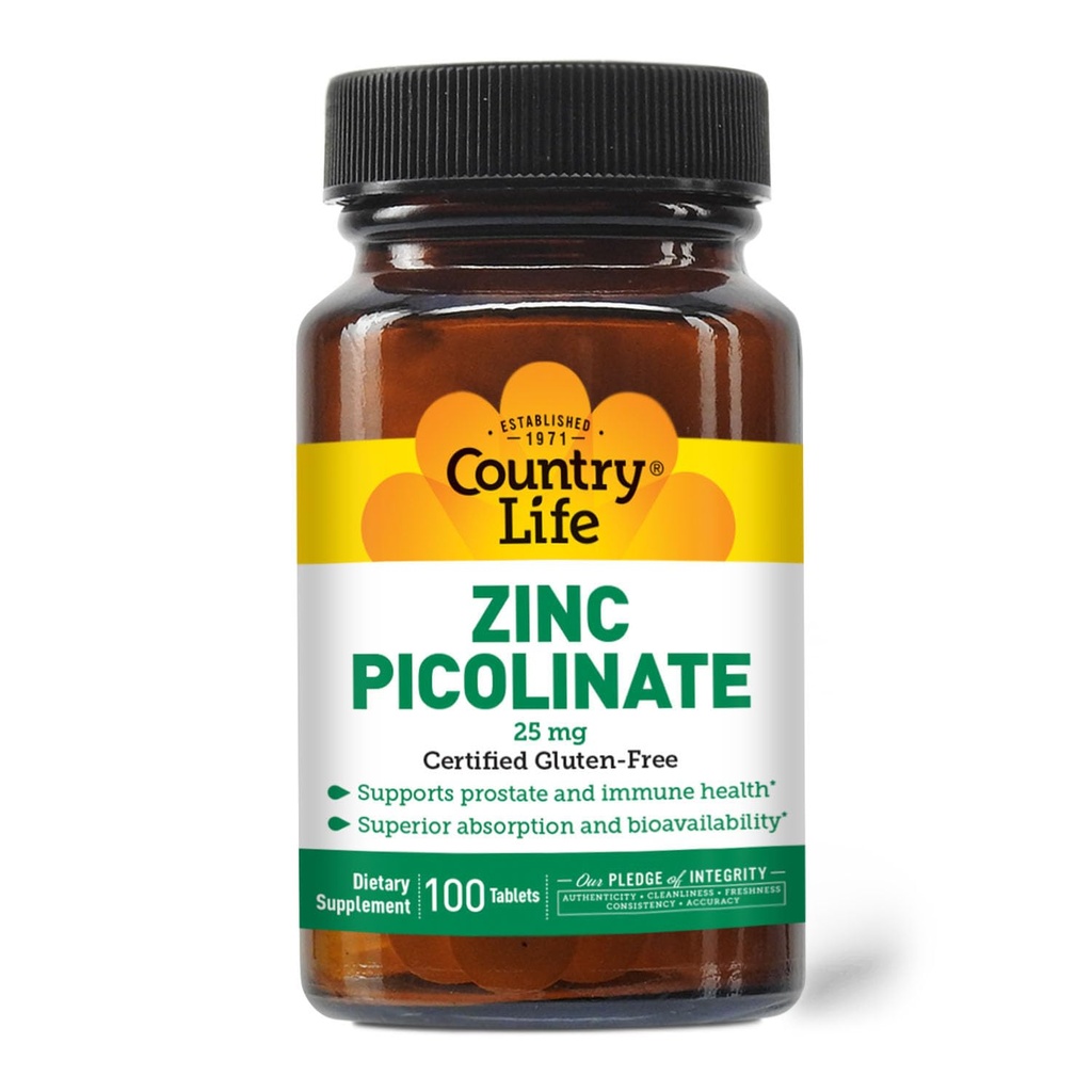 Country Life Zinc Picolinate 25 mg - Superior Absorption Zinc Supplement for Immune Support, Prostate Health & Cellular Wellness - Certified Gluten-Free, Vegan & Halal, Non-GMO - 100 Tablets