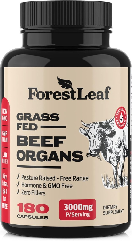 ForestLeaf Beef Organ Supplement - Feed grama & Pasture Created - Total bem-estar corporal e desempenho, Complexo de órgãos com 3000mg de fígado de carne dessecada, coração, rim, Pancreas, Baço (180 Cápsulas)