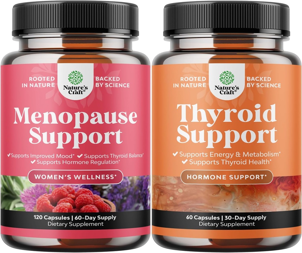 Bundle of Complete Herbal Menopause Supplement for Women for Night Sweats Mood 120ct and Herbal Thyroid Support Complex - Mood Enhancer Energy Supplement for Thyroid Health