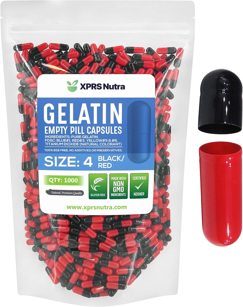 XPRS Nutra Tamaño 4 cápsulas baleiras - 1000 con pequenas cápsulas de gelatina baleiras - pílulas DIY Capsule Filling - Cubrimento de pílula bovina pura para Do-It-Yourself Suplementos (Black/Red)
