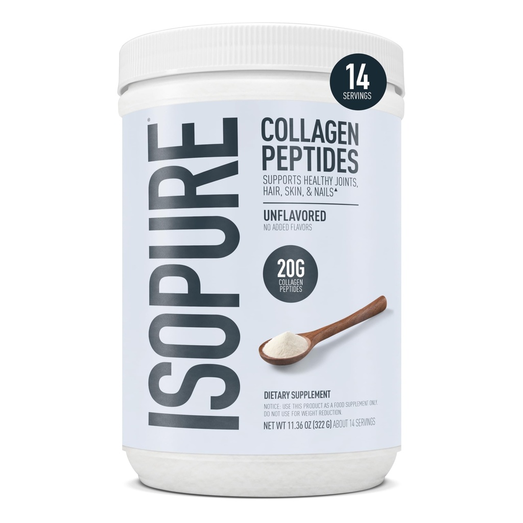 Isopure 20g Grass-Fed Collagen Peptides with Biotin + Vitamin C – Supports Skin, Hair, Nails & Joint Health – Unflavored, Keto Friendly Collagen Powder, 14 Servings